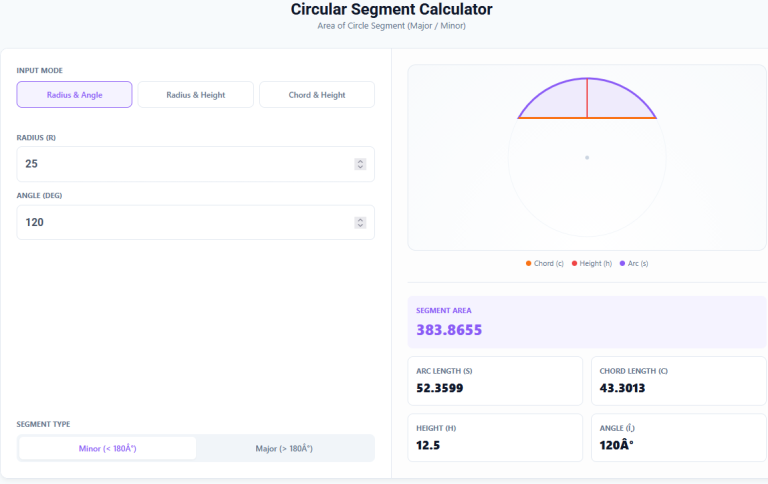 Circular Segment area calculator