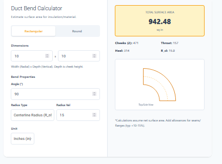 Duct Bend Area Calculator
