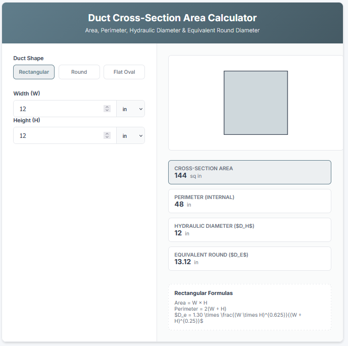 Duct Cross-Section Area Calculator