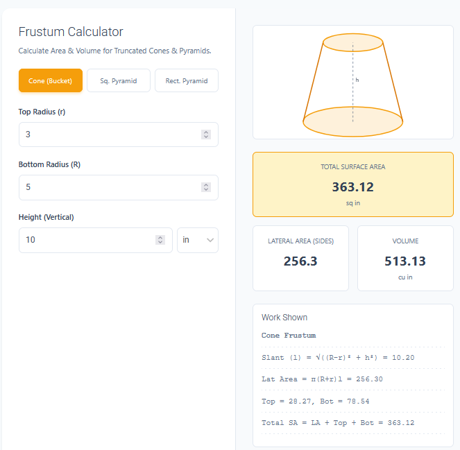 Frustum Surface Area Calculator