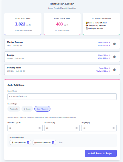 Room Renovation Room area calculator