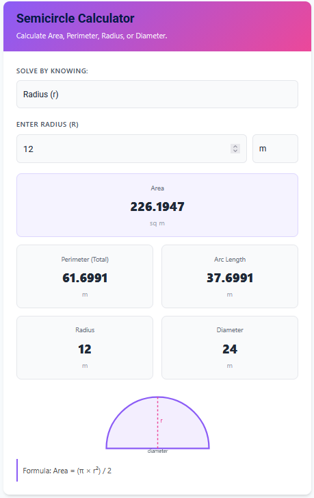 Semi circle area calculator