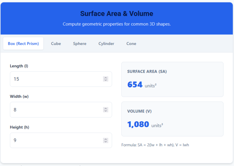 Surface area and volume calculator