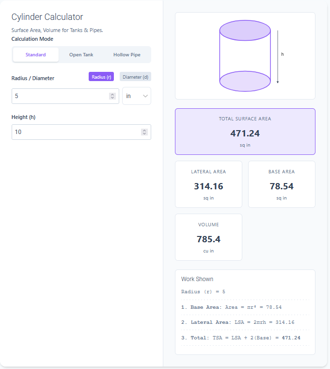 cylinder surface area calculator