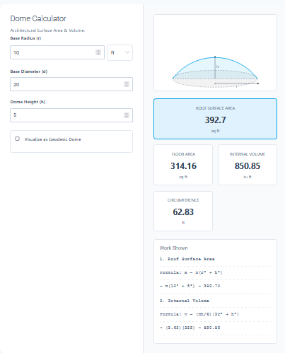 dome surface Area Calculator
